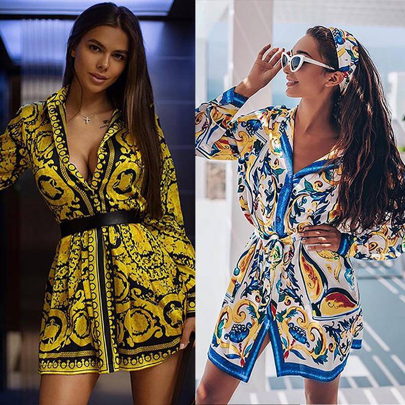 Spring And Summer New Bohemian Style Positioning Print Tie With Long-Sleeved Shirt Jumpsuit Skirt