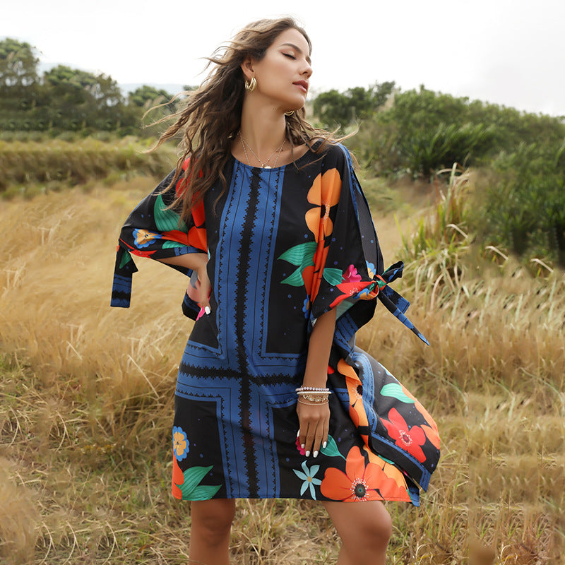 Fashion Fluffy Loose Dress Round Neck Bat Sleeve Women'S Dress