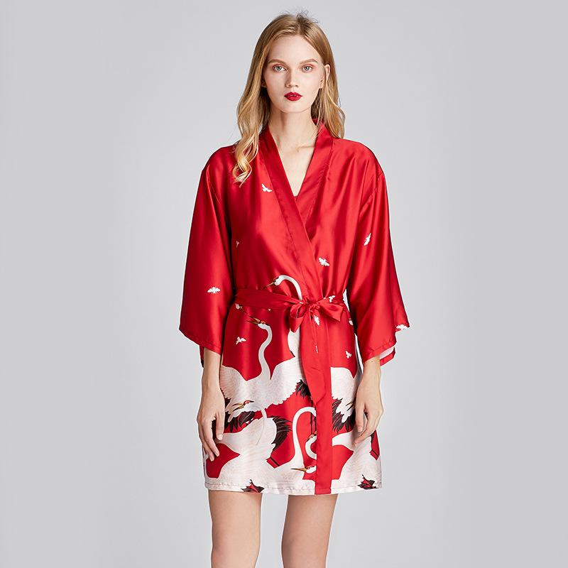 Ice Silk Pajamas Women'S Summer Silk Nightgown Bathrobe Morning Gowns Large Printed Household Clothes Women'S Summer Thin