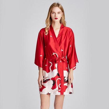 Ice Silk Pajamas Women'S Summer Silk Nightgown Bathrobe Morning Gowns Large Printed Household Clothes Women'S Summer Thin