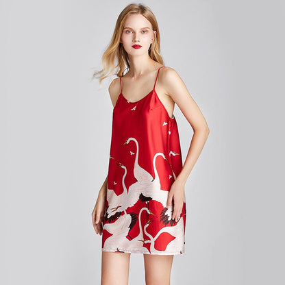 Ice Silk Pajamas Xia Xianhe Silk Small Sexy Charm Sling Skirt Nightdress Women'S Skirt Print Home Clothes