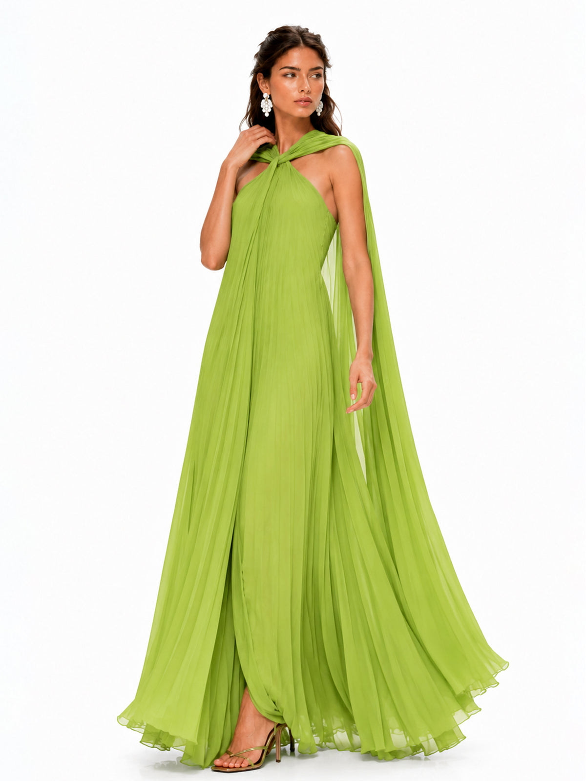 Talia Pleated Mesh Maxi Dress In Green