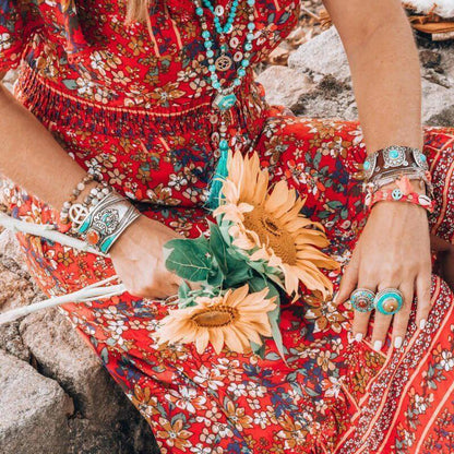 V-Neck Print Short-Sleeved Dress Green And Red Two Colors Burst Loose Waist Long Skirt Women Summer