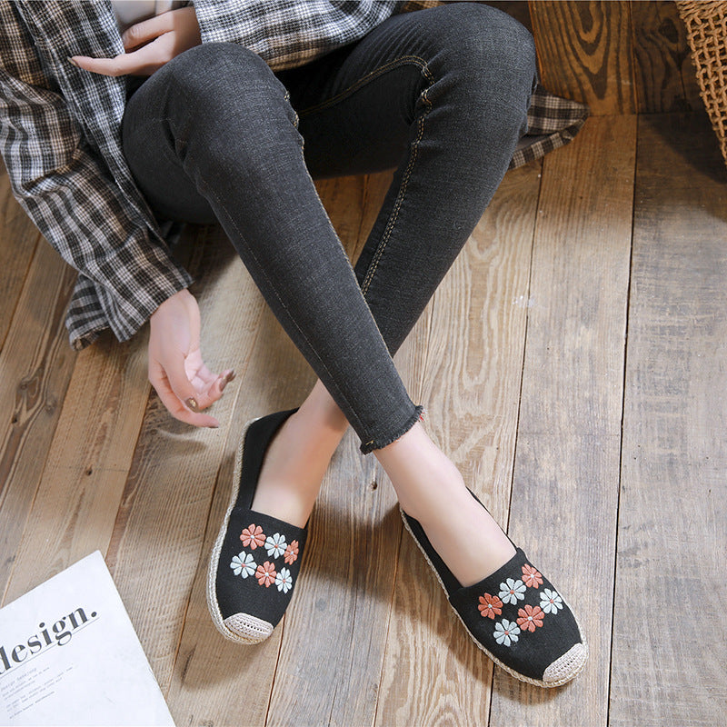 New Spring/Summer Leisure Women'S Single Shoes With Linen Edge Embroidered Low Top Cloth Shoes, Simple And Breathable Sewing, Fisherman'S Shoes