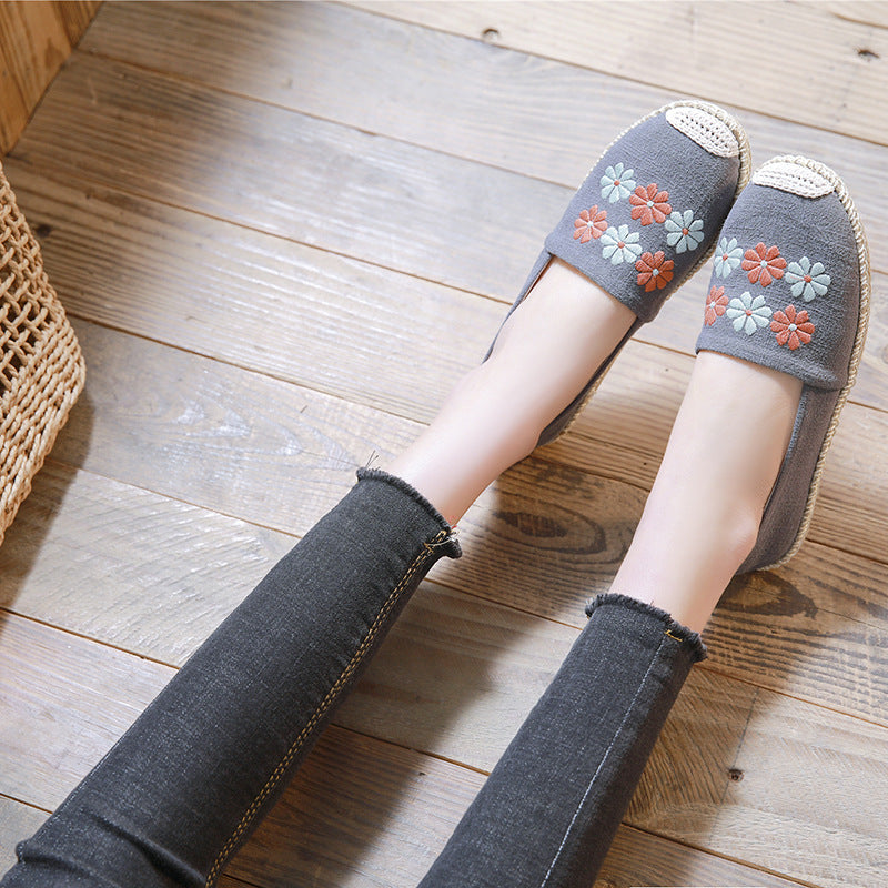 New Spring/Summer Leisure Women'S Single Shoes With Linen Edge Embroidered Low Top Cloth Shoes, Simple And Breathable Sewing, Fisherman'S Shoes