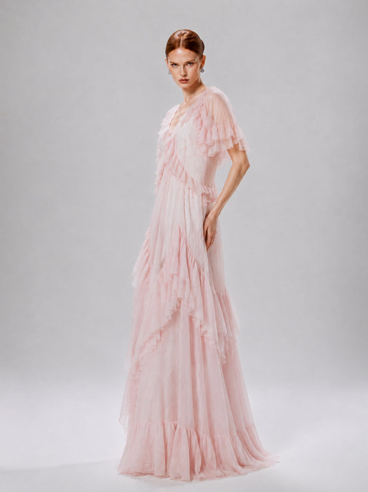 Clementine Sheer Mesh Ruffled Maxi Dress In Pink