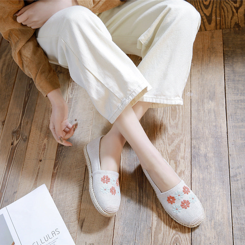New Spring/Summer Leisure Women'S Single Shoes With Linen Edge Embroidered Low Top Cloth Shoes, Simple And Breathable Sewing, Fisherman'S Shoes