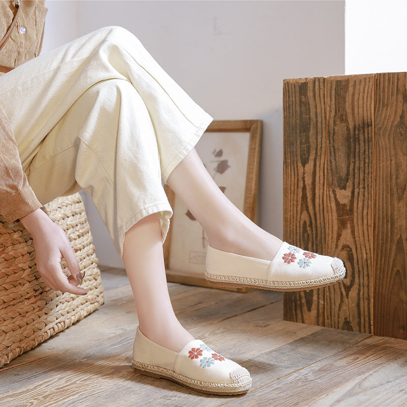 New Spring/Summer Leisure Women'S Single Shoes With Linen Edge Embroidered Low Top Cloth Shoes, Simple And Breathable Sewing, Fisherman'S Shoes