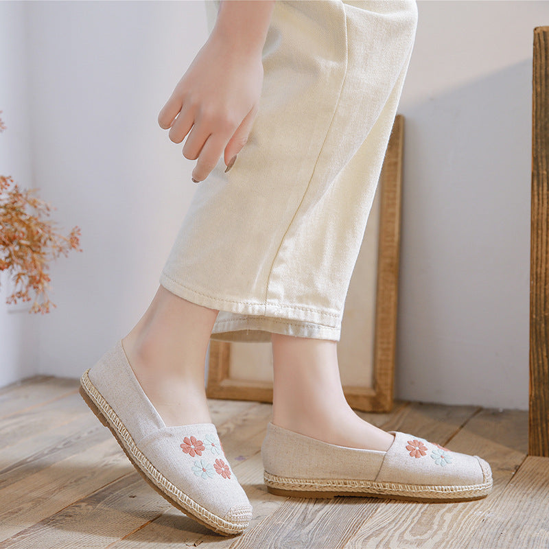 New Spring/Summer Leisure Women'S Single Shoes With Linen Edge Embroidered Low Top Cloth Shoes, Simple And Breathable Sewing, Fisherman'S Shoes