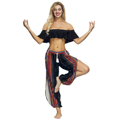 Floral Digital Printing Women'S Drawstring Side Fork Casual Trousers Loose Waist Foot Light Cage Pants 23