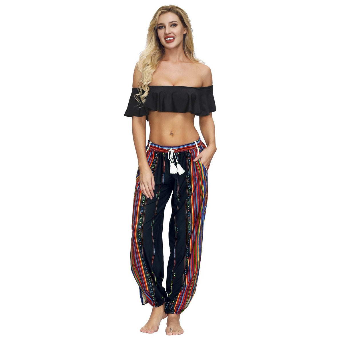 Floral Digital Printing Women'S Drawstring Side Fork Casual Trousers Loose Waist Foot Light Cage Pants 23