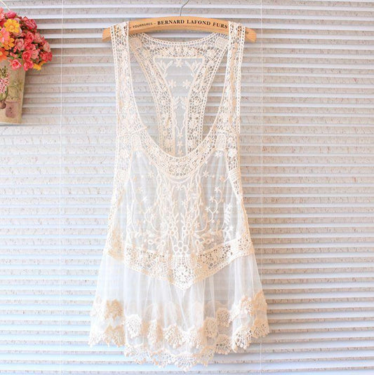 Lace Vest Skirt Blouse Mesh Yarn Embroidery Hook Flower Halter Top Cover-Up
