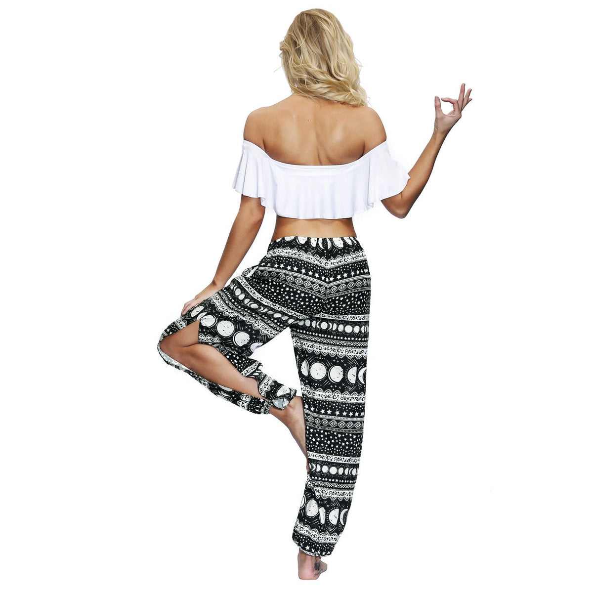 Floral Digital Printing Women'S Drawstring Side Fork Casual Trousers Loose Waist Foot Light Cage Pants 23