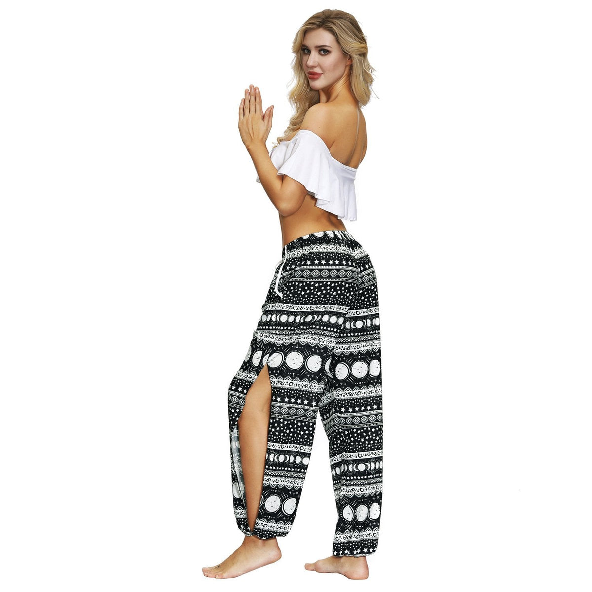 Floral Digital Printing Women'S Drawstring Side Fork Casual Trousers Loose Waist Foot Light Cage Pants 23