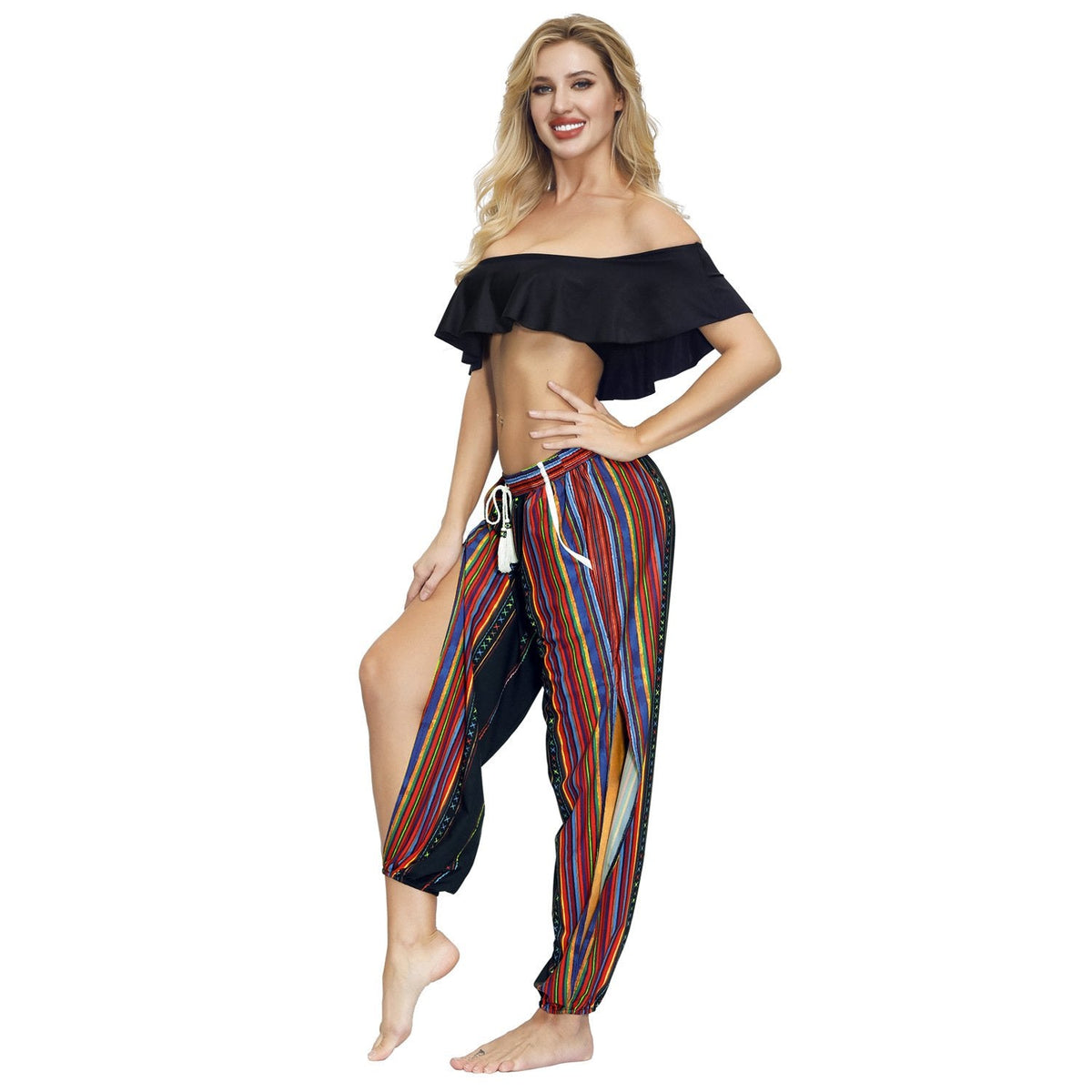 Floral Digital Printing Women'S Drawstring Side Fork Casual Trousers Loose Waist Foot Light Cage Pants 23