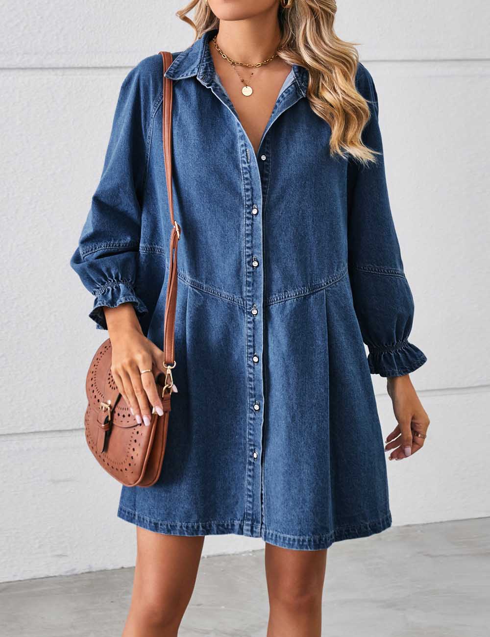 Denim Splice Washed Long Sleeve Midi Dress