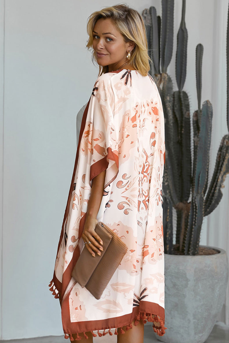 Printed Beach Jacket Women'S Mid-Length Cardigan Loose Sea Border Sunsuit Su-Bian And Kimono Hoodie Blouse