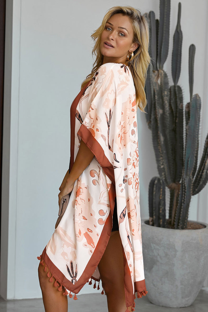 Printed Beach Jacket Women'S Mid-Length Cardigan Loose Sea Border Sunsuit Su-Bian And Kimono Hoodie Blouse