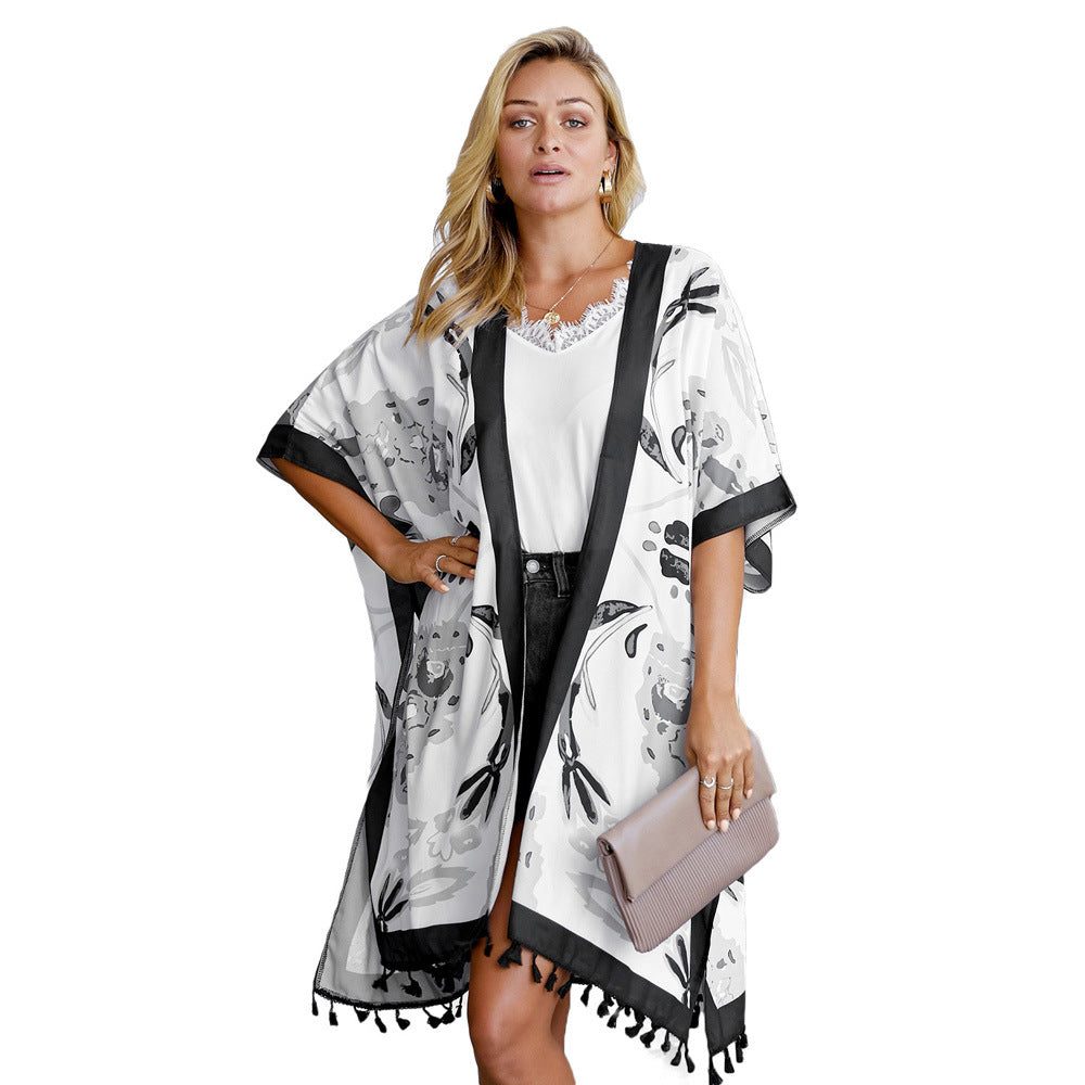 Printed Beach Jacket Women'S Mid-Length Cardigan Loose Sea Border Sunsuit Su-Bian And Kimono Hoodie Blouse