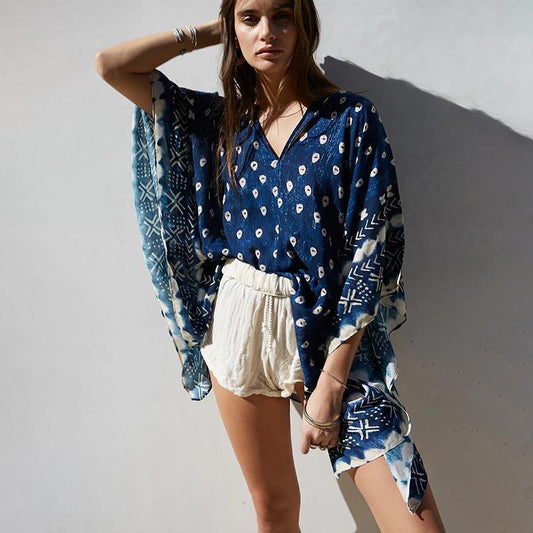 Bat Sleeve Long Sleeve Stitching Loose V-Neck Summer Jacket Printed Women'S Sunscreen Blouse