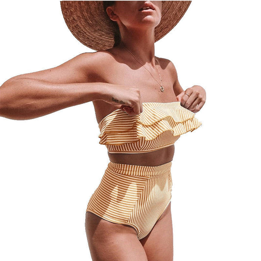 Bikini Swimsuit, Striped Lotus Leaf Split Bikini Female European And American Sexy Swimsuit