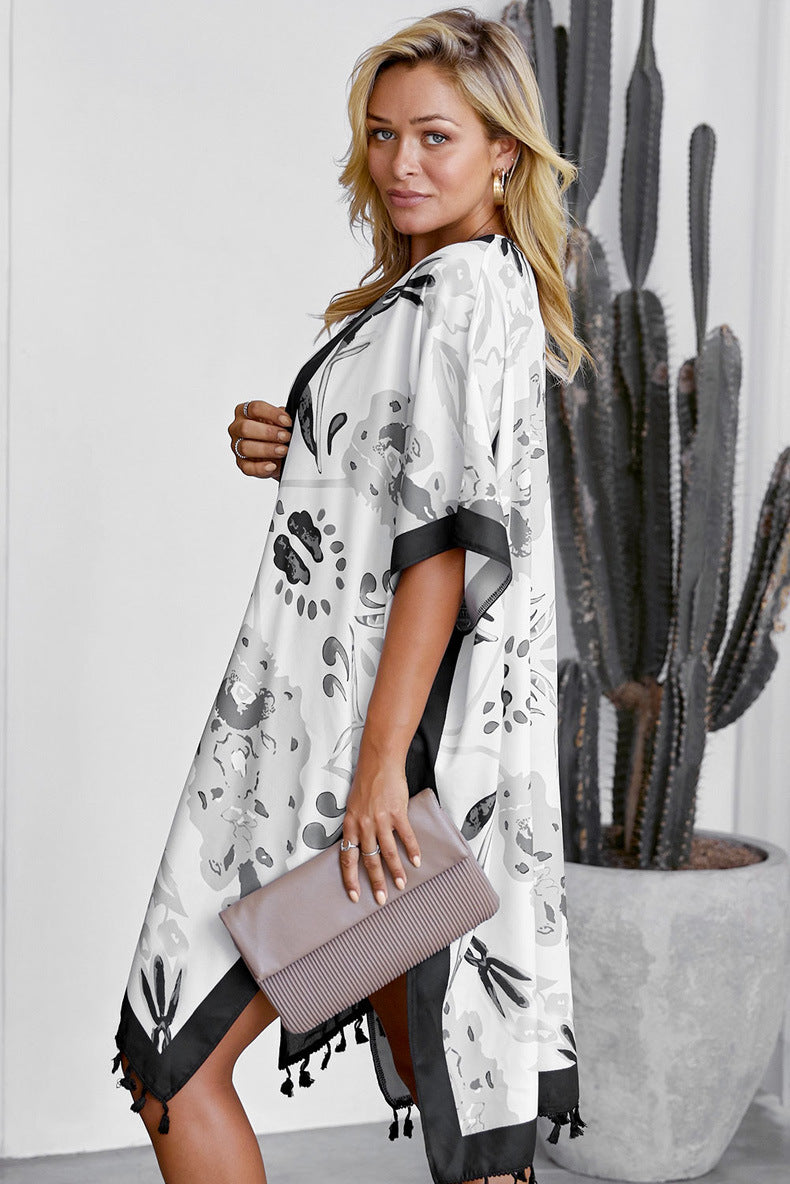 Printed Beach Jacket Women'S Mid-Length Cardigan Loose Sea Border Sunsuit Su-Bian And Kimono Hoodie Blouse