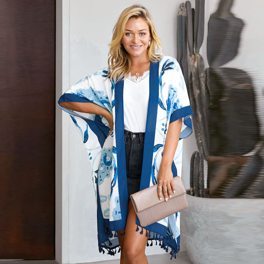 Printed Beach Jacket Women'S Mid-Length Cardigan Loose Sea Border Sunsuit Su-Bian And Kimono Hoodie Blouse