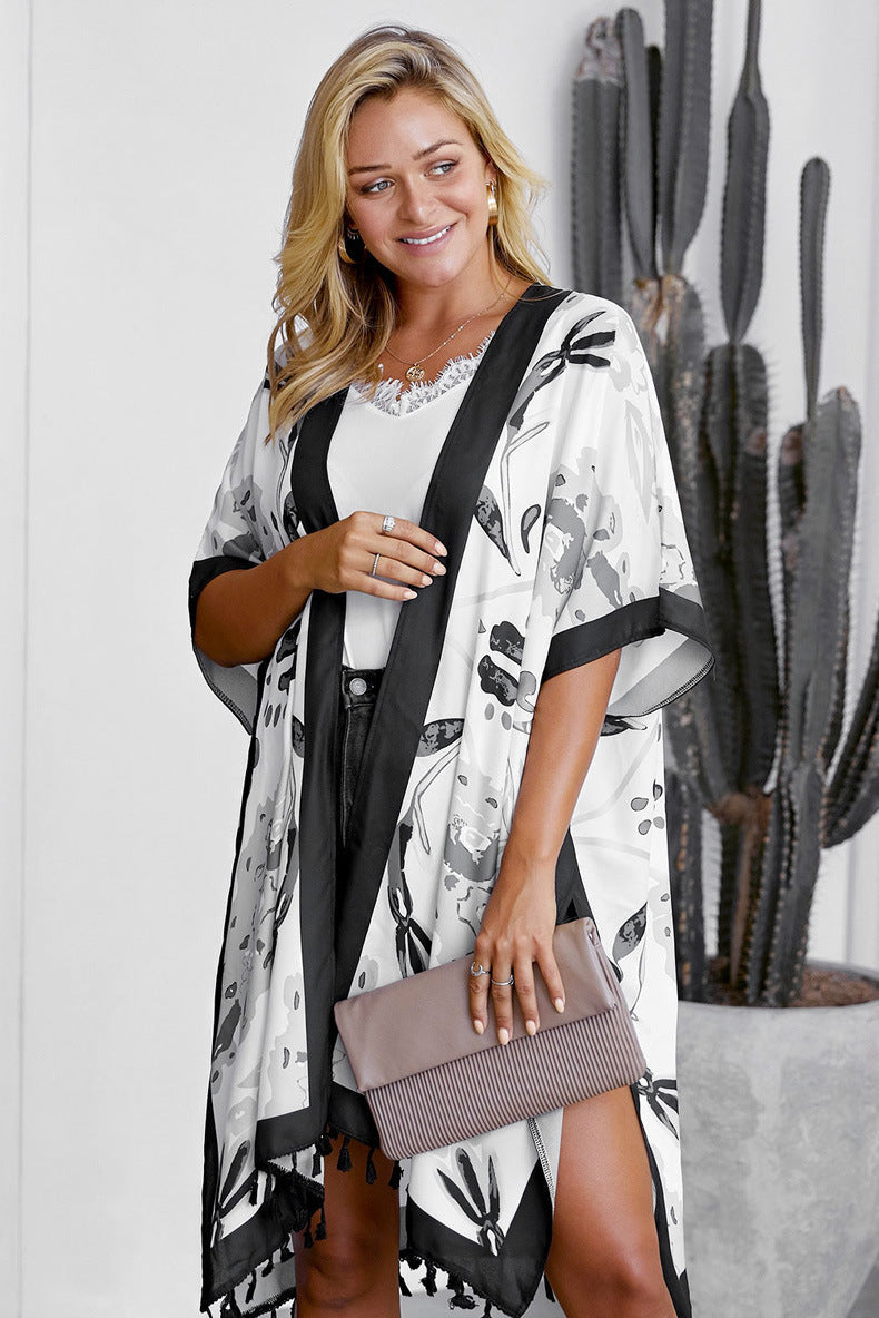Printed Beach Jacket Women'S Mid-Length Cardigan Loose Sea Border Sunsuit Su-Bian And Kimono Hoodie Blouse