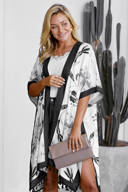 Printed Beach Jacket Women'S Mid-Length Cardigan Loose Sea Border Sunsuit Su-Bian And Kimono Hoodie Blouse