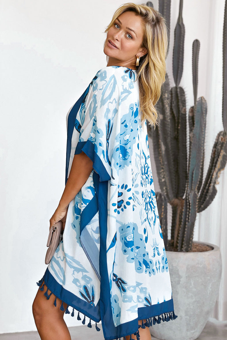 Printed Beach Jacket Women'S Mid-Length Cardigan Loose Sea Border Sunsuit Su-Bian And Kimono Hoodie Blouse