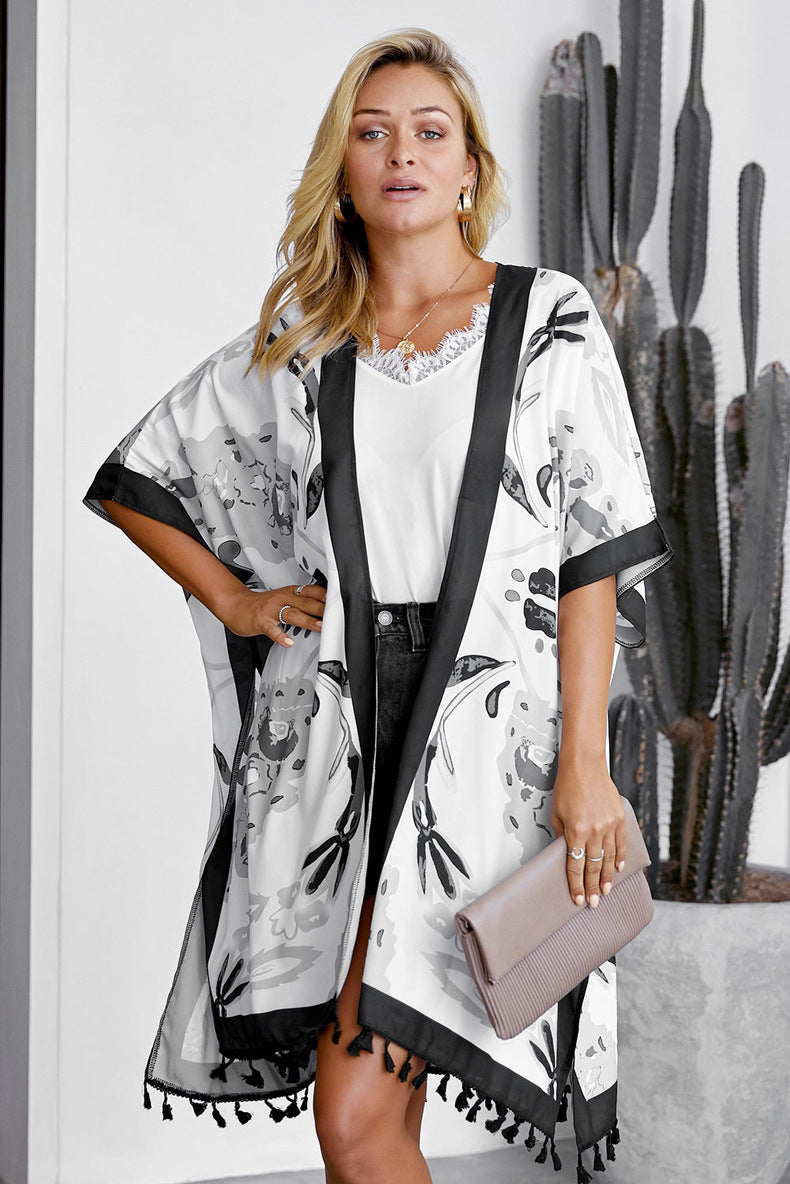 Printed Beach Jacket Women'S Mid-Length Cardigan Loose Sea Border Sunsuit Su-Bian And Kimono Hoodie Blouse