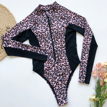 Coupled Surf Suit Leopard Long-Sleeved Swimsuit Zippered Bikini