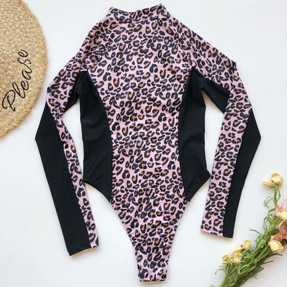 Coupled Surf Suit Leopard Long-Sleeved Swimsuit Zippered Bikini