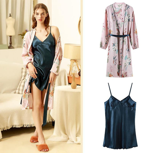 Suspender Ice Silk Solid Color Nightdress Set Printing Long Sleeve Nightgown Autumn And Winter Sexy Two Piece Set With Belt Pad