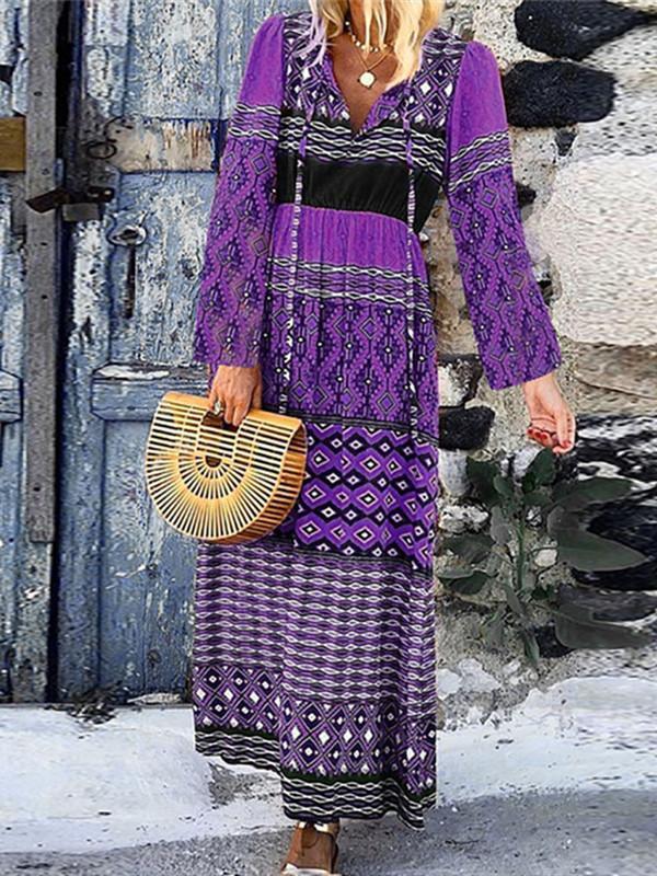 Plus Size Casual Patchwork Lange Mouwen V-Hals Lange Jurk 2019 Nieuwe Mode Lente Herfst Party Dress