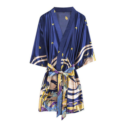 Ice Silk Pajamas Women'S Summer Silk Nightgown Bathrobe Morning Gowns Large Printed Household Clothes Women'S Summer Thin