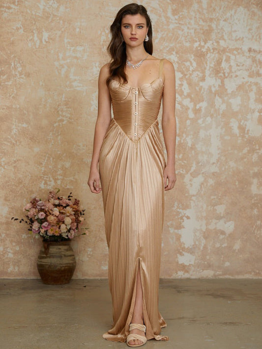 Simone Glossy Pleated Corset Maxi Dress