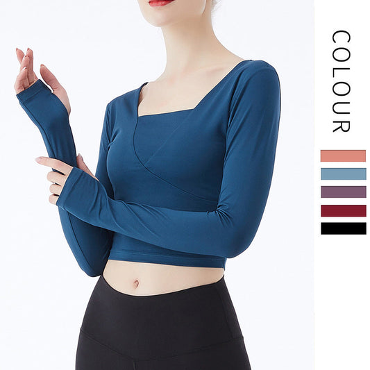 Cushion Upgrade European And American Women'S Sports Yoga Suit Dress Fast Dry Clothes Gym Long Sleeve T Shirt