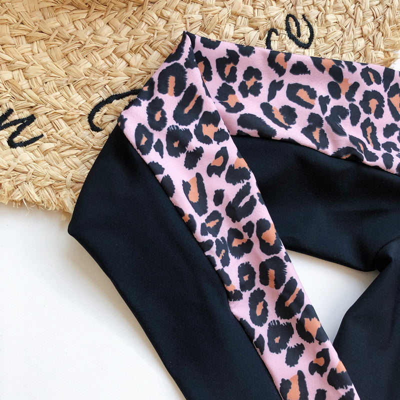 Coupled Surf Suit Leopard Long-Sleeved Swimsuit Zippered Bikini
