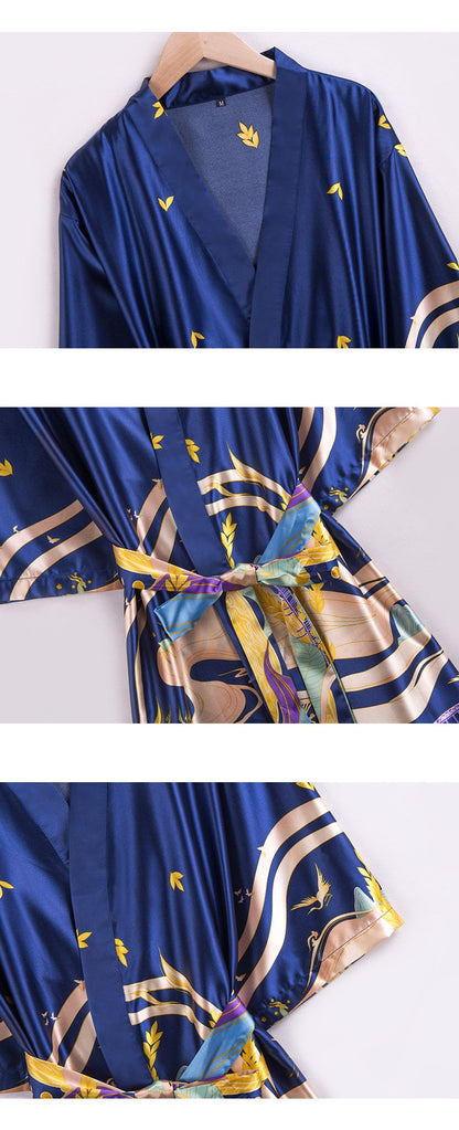 Ice Silk Pajamas Women'S Summer Silk Nightgown Bathrobe Morning Gowns Large Printed Household Clothes Women'S Summer Thin