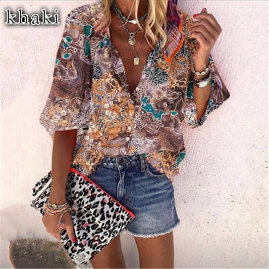 New Style Multicolor Printed Casual Women'S Shirt With 9-Point Sleeves