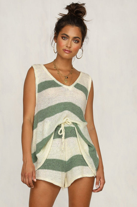 Summer Beach Suit Striped Sweater V Collar Vest Casual