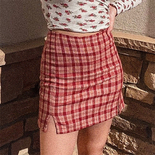 Spring And Summer Fashion Joker Pink Plaid Half-Length Hip Skirt