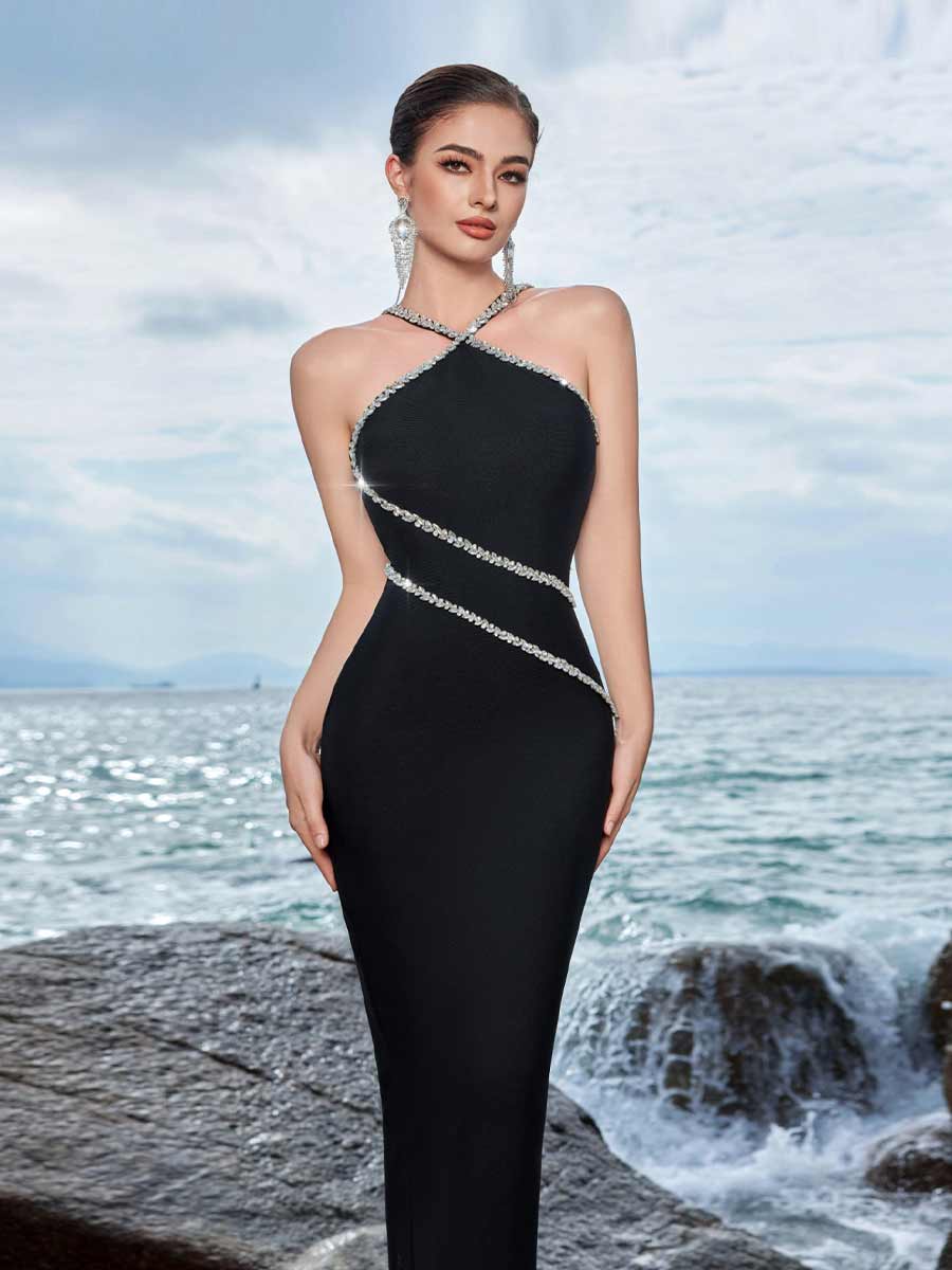 Freya Hanging Neck Cross Rhinestone Maxi Dress