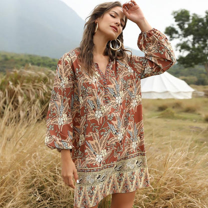 Summer And Spring Bohemian V-Neck Casual Dress Printed Dress Medium Length Skirt
