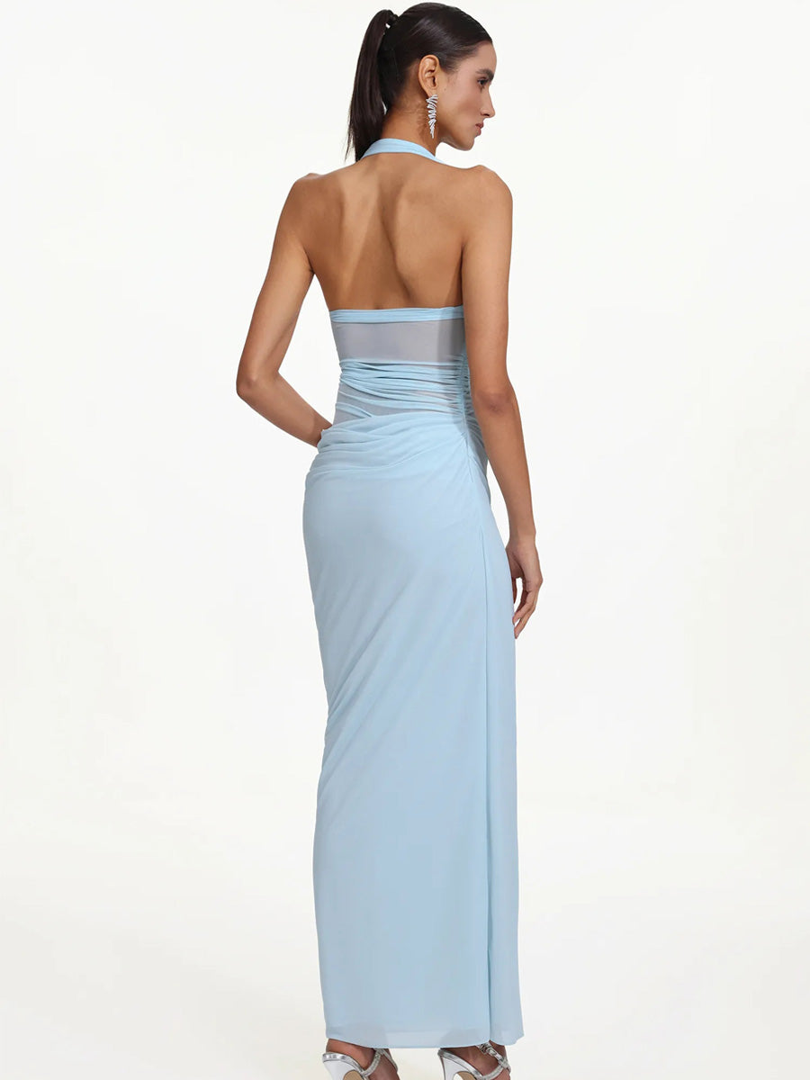Cerys Romantic Contour Halter Ruched Floral Maxi Dress