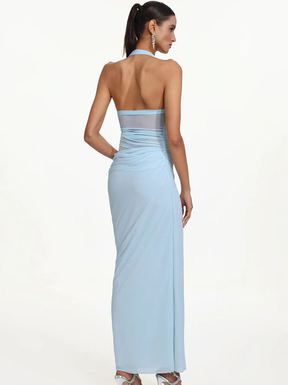 Cerys Romantic Contour Halter Ruched Floral Maxi Dress