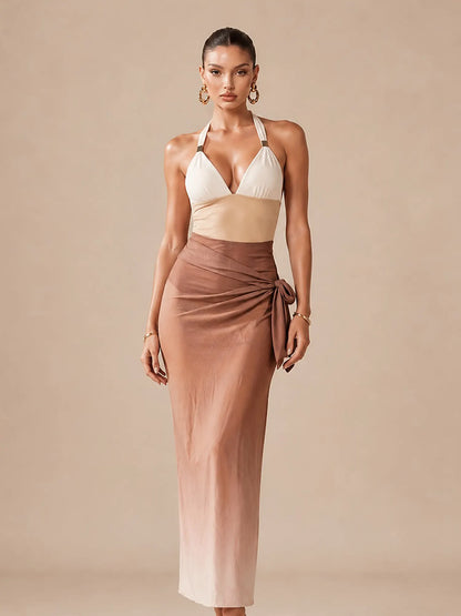 Riley White and Brown Color-Block Swimsuit Set