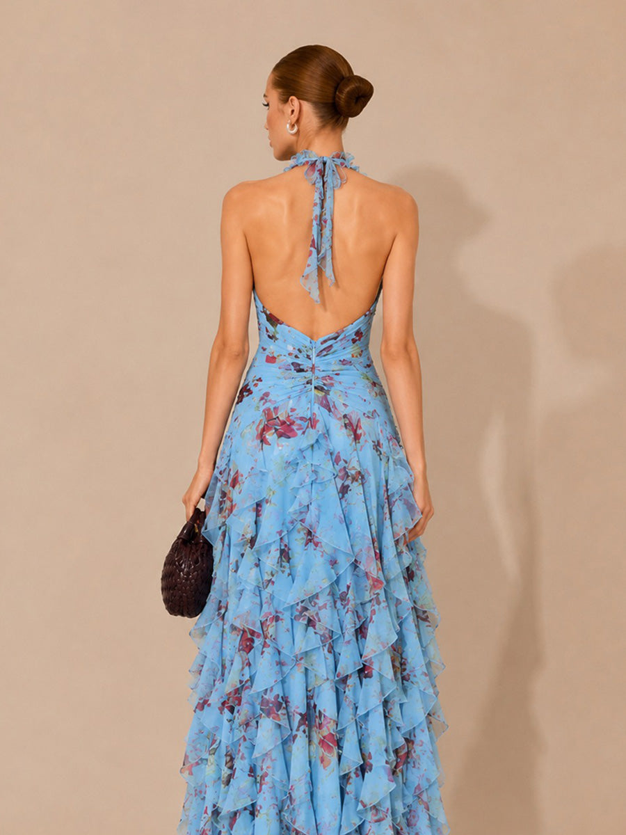 Mariana Printed Ruffled Asymmetrical Halter Backless Maxi Dress