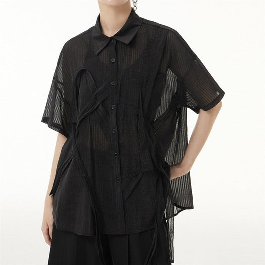 Solid Color Short Sleeve Shirt Collar See-Through Thin Casual Loose Blouse
